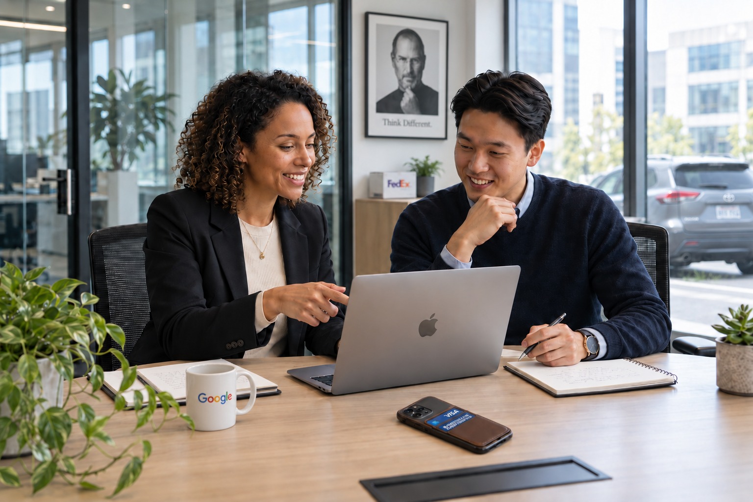 Two people at a table, talking through an idea on a laptop