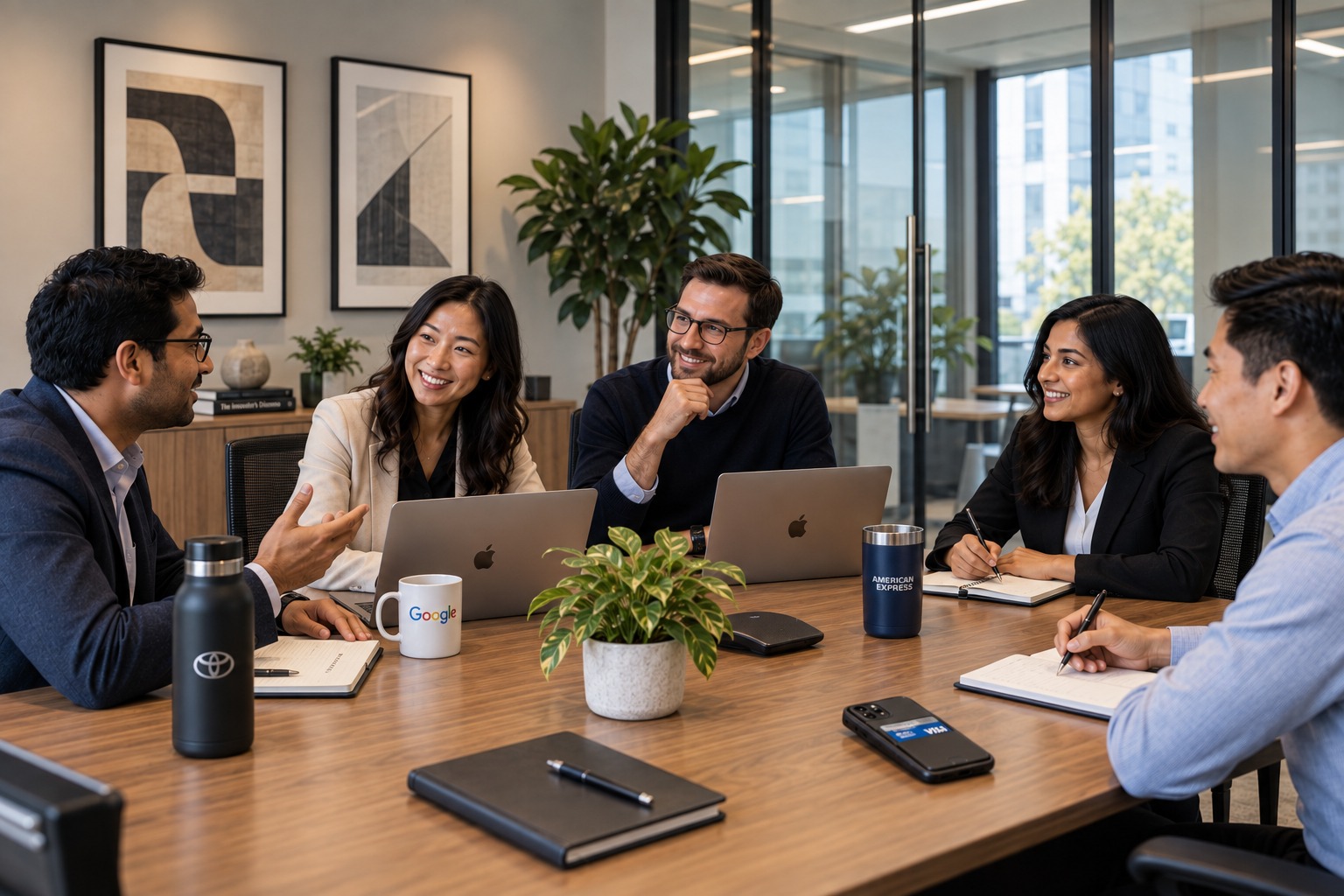 Two of our team at a table with laptops, listening